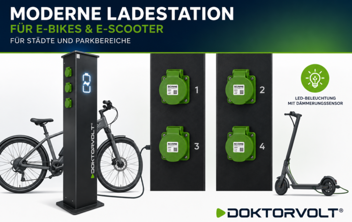 Nahaufnahme der freistehenden E-Bike- und E-Scooter-Ladestation Doktorvolt® DV-7118 mit vier 230V SCHUKO-Steckdosen, LED-beleuchtetem Batteriesymbol und integrierter Dämmerungssensor-Beleuchtung für öffentliche Bereiche.