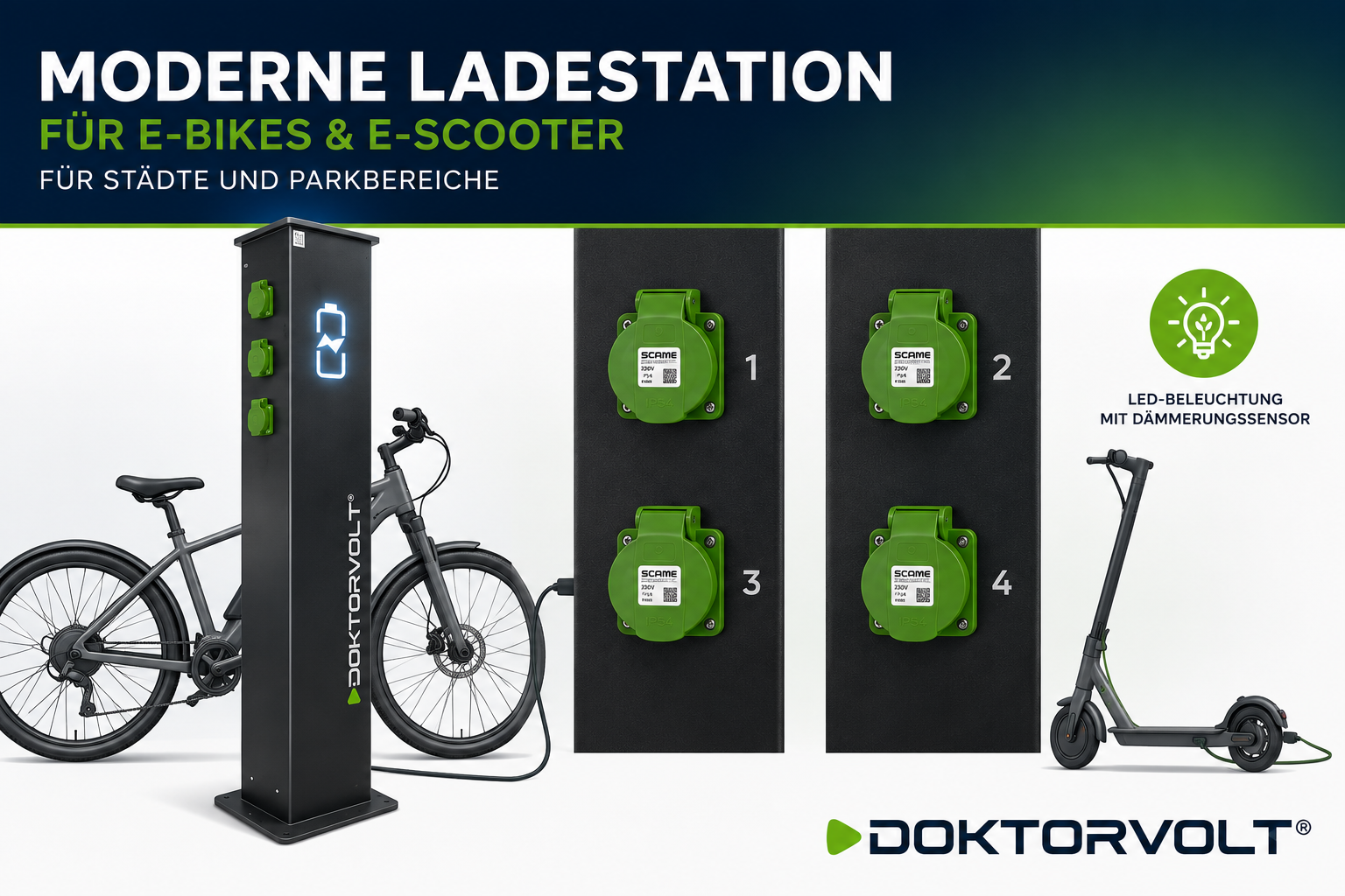 Nahaufnahme der freistehenden E-Bike- und E-Scooter-Ladestation Doktorvolt® DV-7118 mit vier 230V SCHUKO-Steckdosen, LED-beleuchtetem Batteriesymbol und integrierter Dämmerungssensor-Beleuchtung für öffentliche Bereiche.