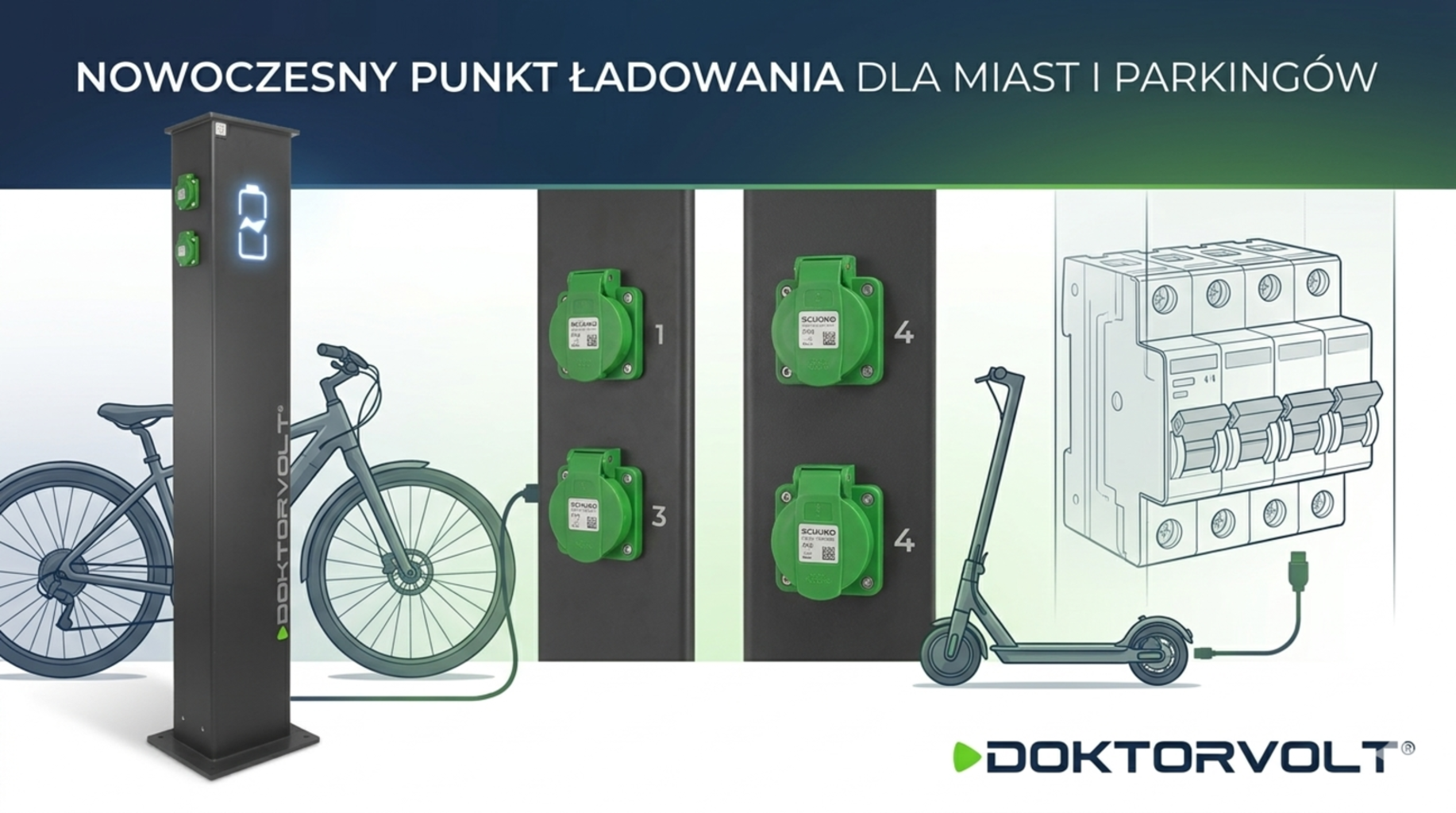 Stacja ładowania Doktorvolt® do rowerów i hulajnóg elektrycznych z czterema gniazdami SCHUKO 230V IP54, podświetlaną ikoną ładowania oraz niezależnym zabezpieczeniem każdego gniazda za pomocą wyłączników RCBO. Rozwiązanie przeznaczone do miast, parkingów i przestrzeni publicznych.