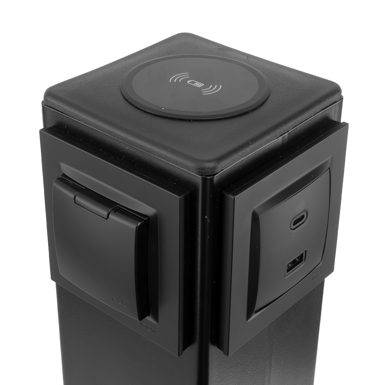 Stacja ładowania smartfonów Doktorvolt® DV-6463-USB – porty USB i ładowanie indukcyjne Górna część stacji ładowania smartfonów Doktorvolt® DV-6463-USB z ładowarką indukcyjną, portami USB-A i USB-C oraz przewodem Multi USB.