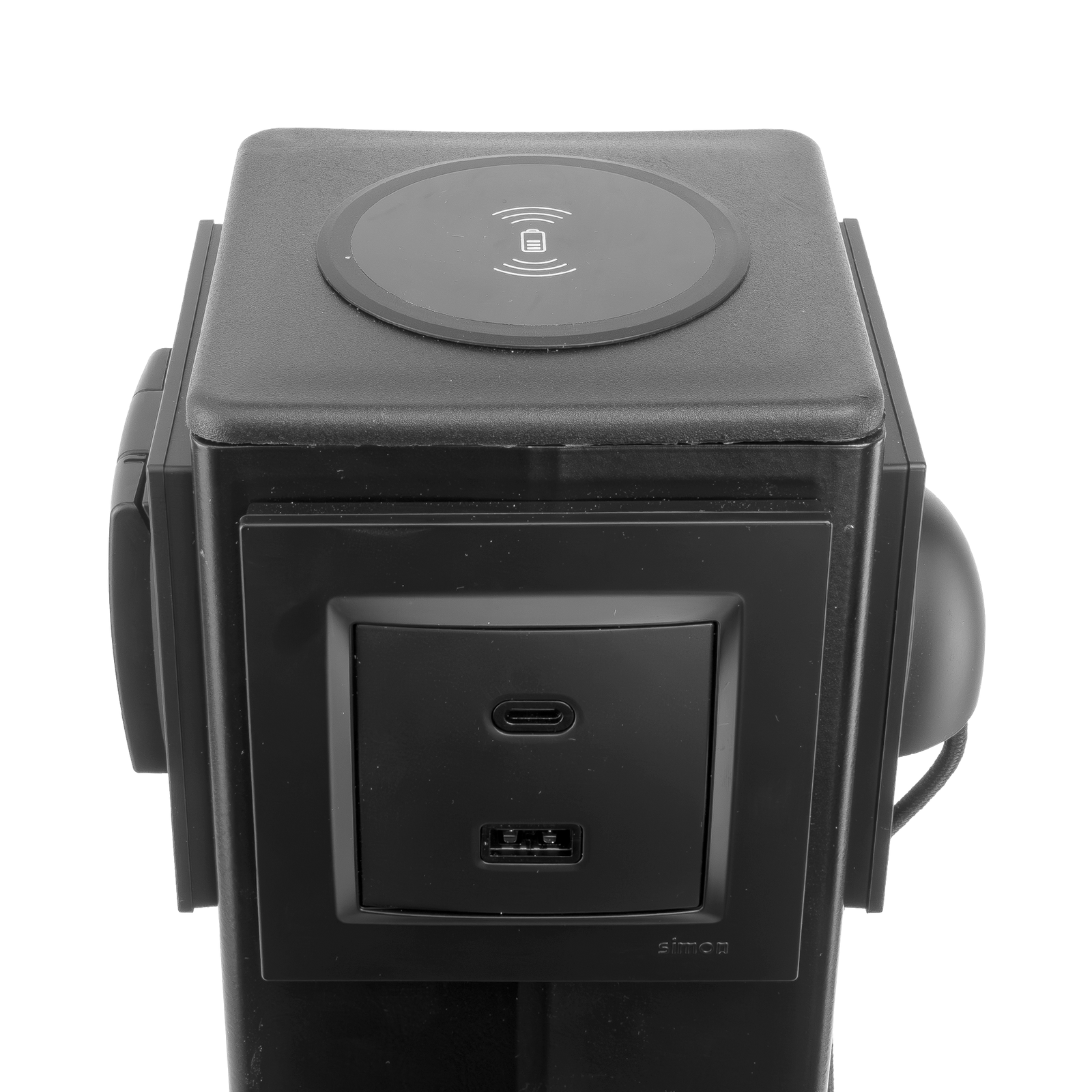Stacja ładowania Doktorvolt® DV-6463-USB – ładowanie indukcyjne i porty USB Zbliżenie stacji ładowania smartfonów Doktorvolt® DV-6463-USB z ładowarką indukcyjną, portem USB-A, USB-C oraz zamykanym gniazdem.
