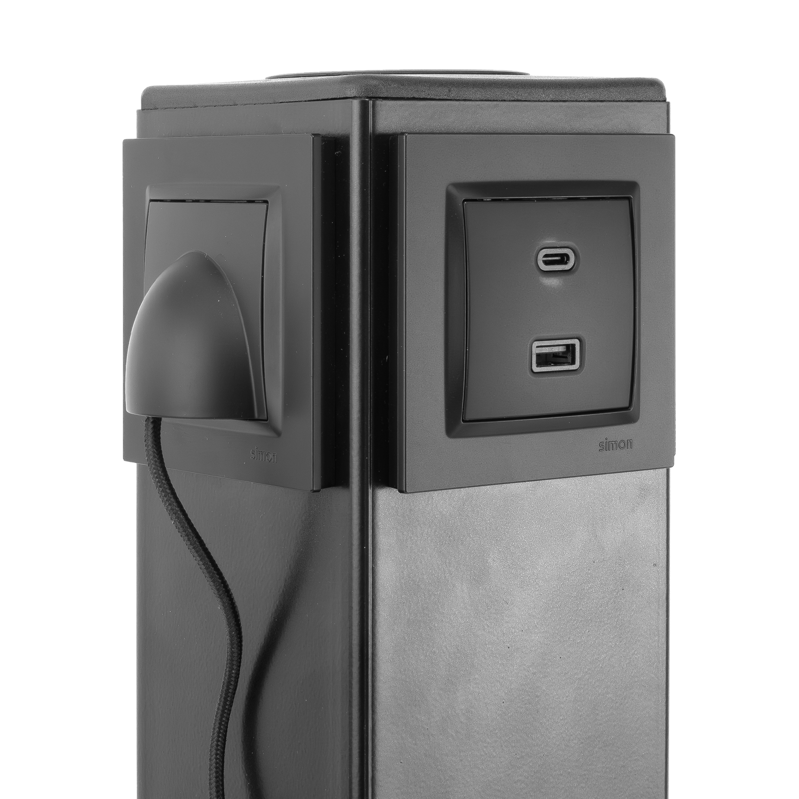 Stacja ładowania smartfonów Doktorvolt® DV-6463-USB – panel ładowania Górny panel stacji ładowania smartfonów Doktorvolt® DV-6463-USB z ładowarką indukcyjną, portami USB-A i USB-C oraz wbudowanym przewodem Multi USB.