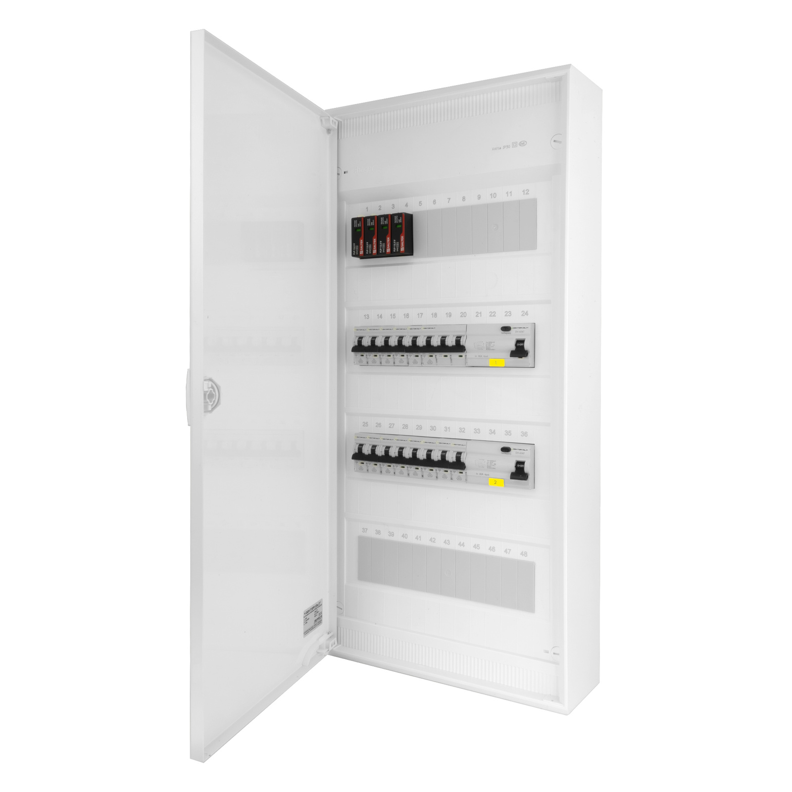 Rozdzielnica modułowa natynkowa 4x12 zabezpieczona 14xMCB 2xRCCB VDE okablowana skrzynka elektryczna Hager 640x305x96,5mm zaciski rozgałęźne L1, L2, L3, N, PE Doktorvolt DV-6364-NT - obrazek 4