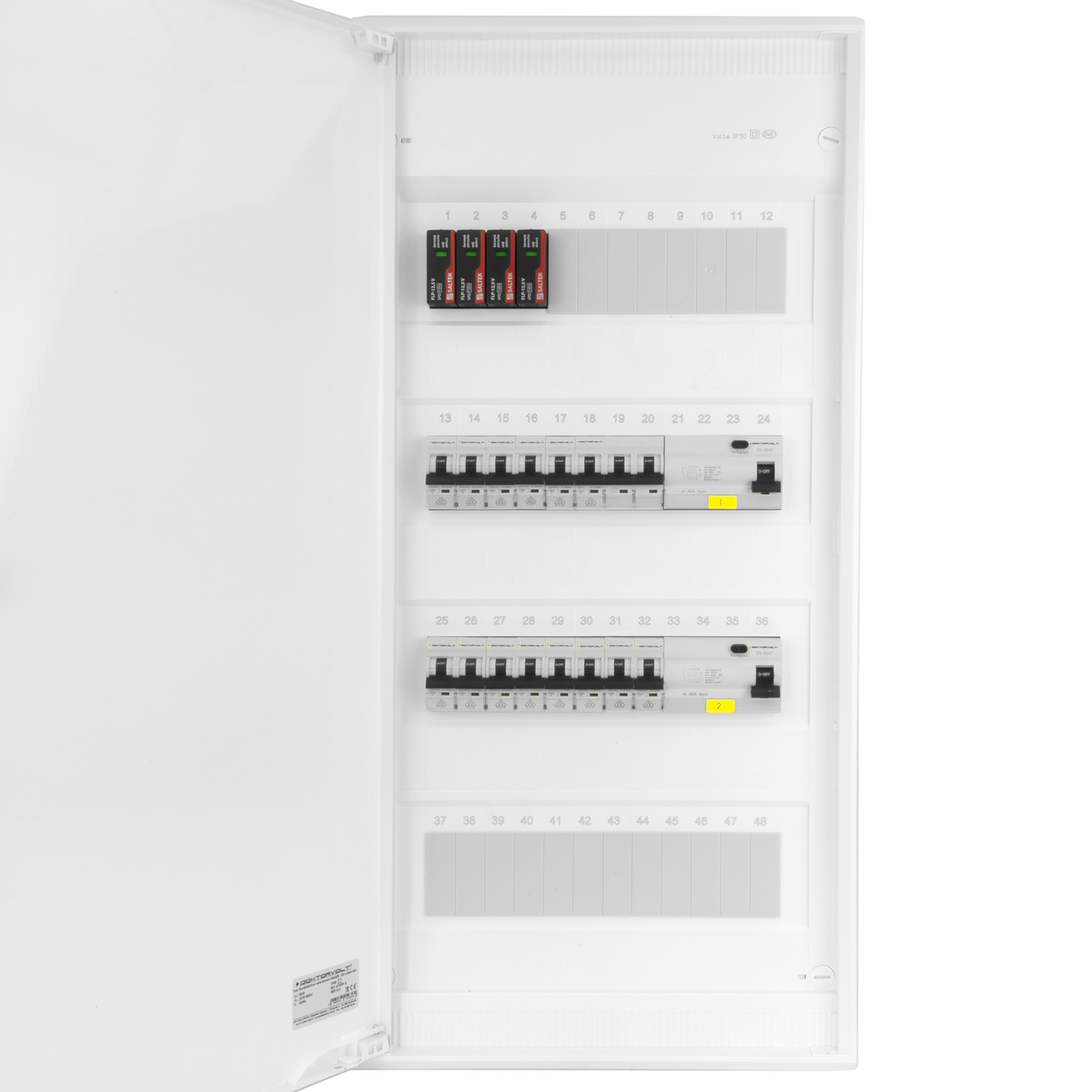 Rozdzielnica modułowa natynkowa 4x12 zabezpieczona 14xMCB 2xRCCB VDE okablowana skrzynka elektryczna Hager 640x305x96,5mm zaciski rozgałęźne L1, L2, L3, N, PE Doktorvolt DV-6364-NT - obrazek 5