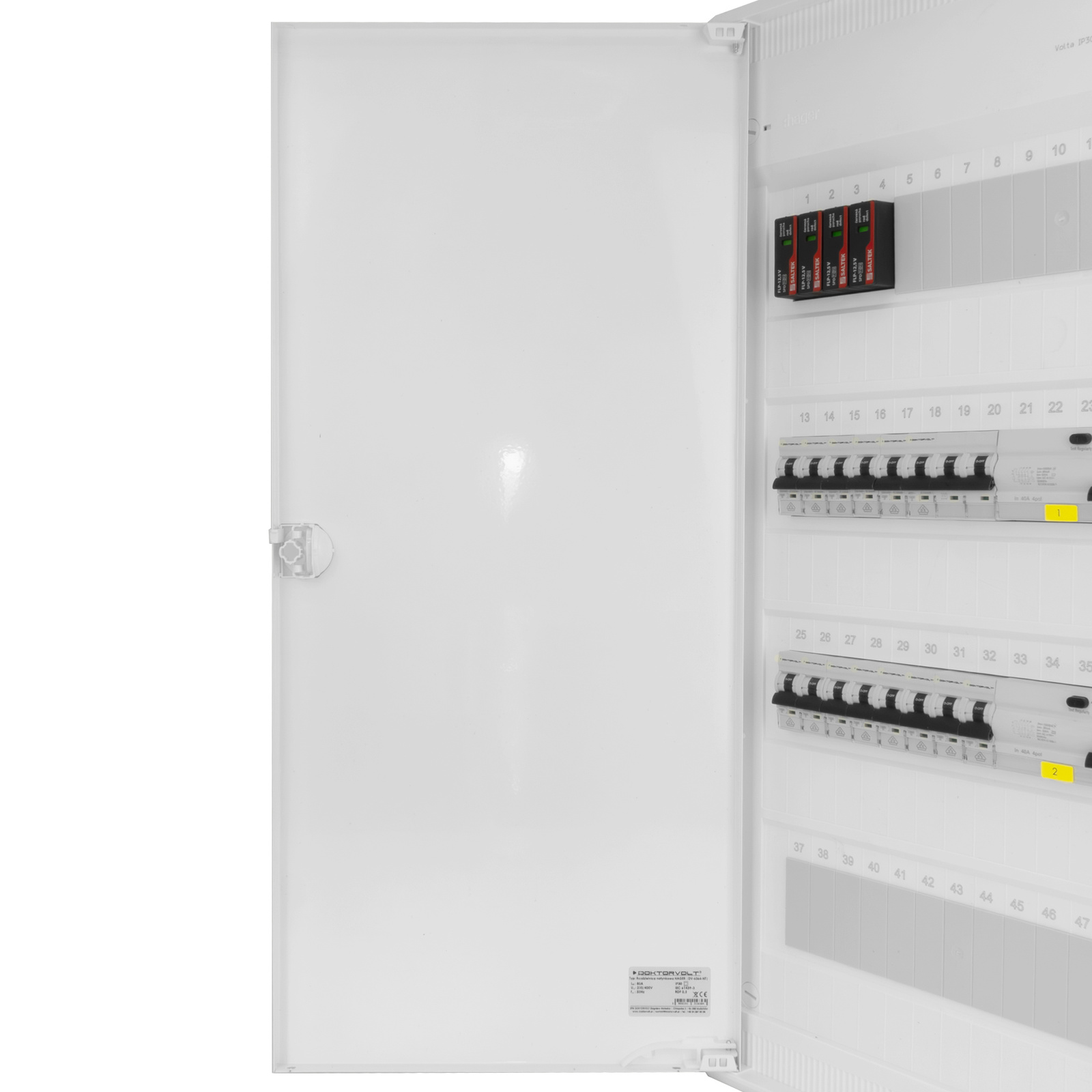 Rozdzielnica modułowa natynkowa 4x12 zabezpieczona 14xMCB 2xRCCB VDE okablowana skrzynka elektryczna Hager 640x305x96,5mm zaciski rozgałęźne L1, L2, L3, N, PE Doktorvolt DV-6364-NT - obrazek 3