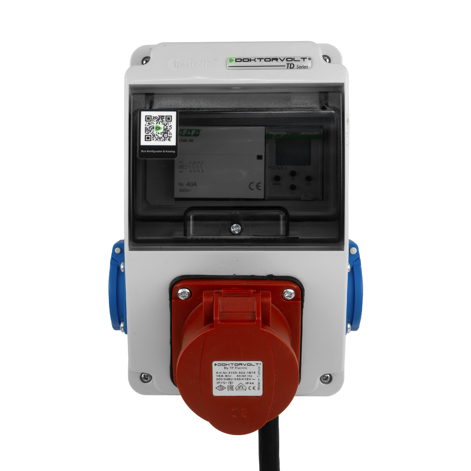 Doktorvolt DV-5329-D distribution box with open inspection window and 16 A CEE plug