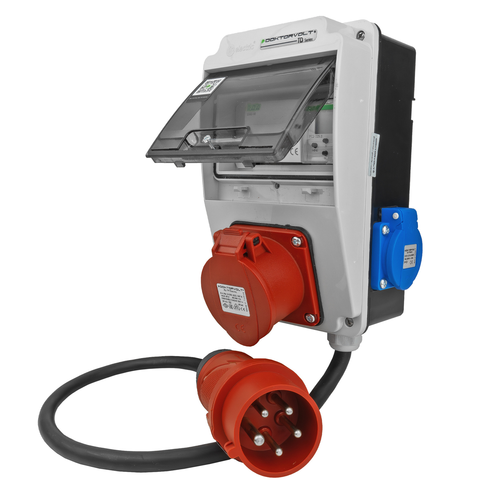 Doktorvolt DV-5329-D distribution box with 400 V CEE plug, CEE socket and Schuko sockets